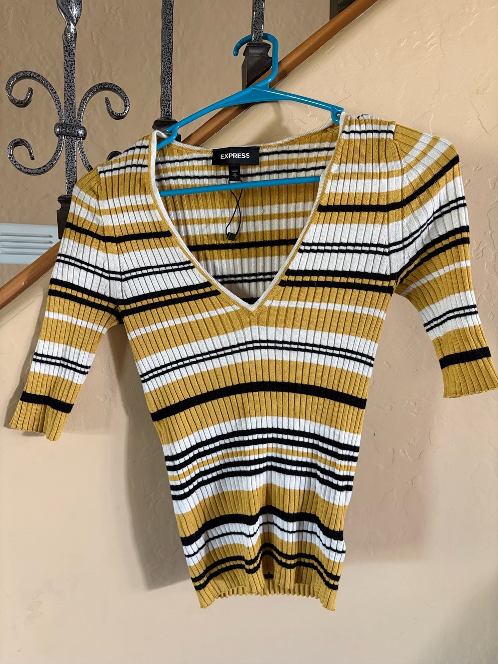 Express Brand Women's Plunge V-Neck Striped Ribbed Sweater - Mustard/White/Black